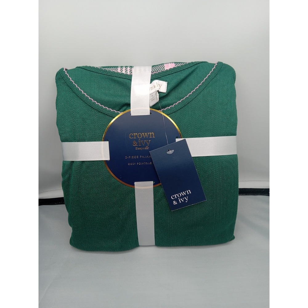 NWT Women's Crown & Ivy Large 2-Piece Pajama Set Green Long Sleeve Pants Read